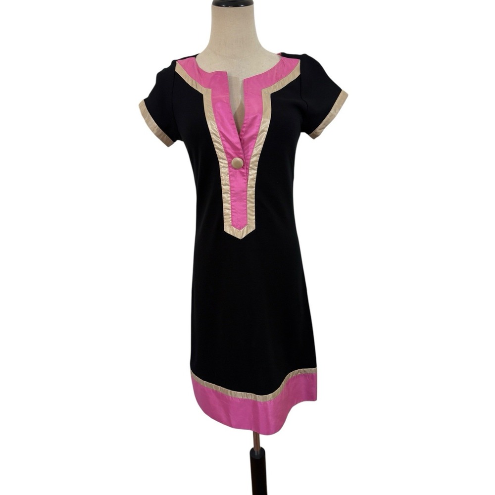 Vtg 90s Y2K Yoana Baraschi Mod Shift Dress Sz S Gogo Twee Black Pink 60s Style